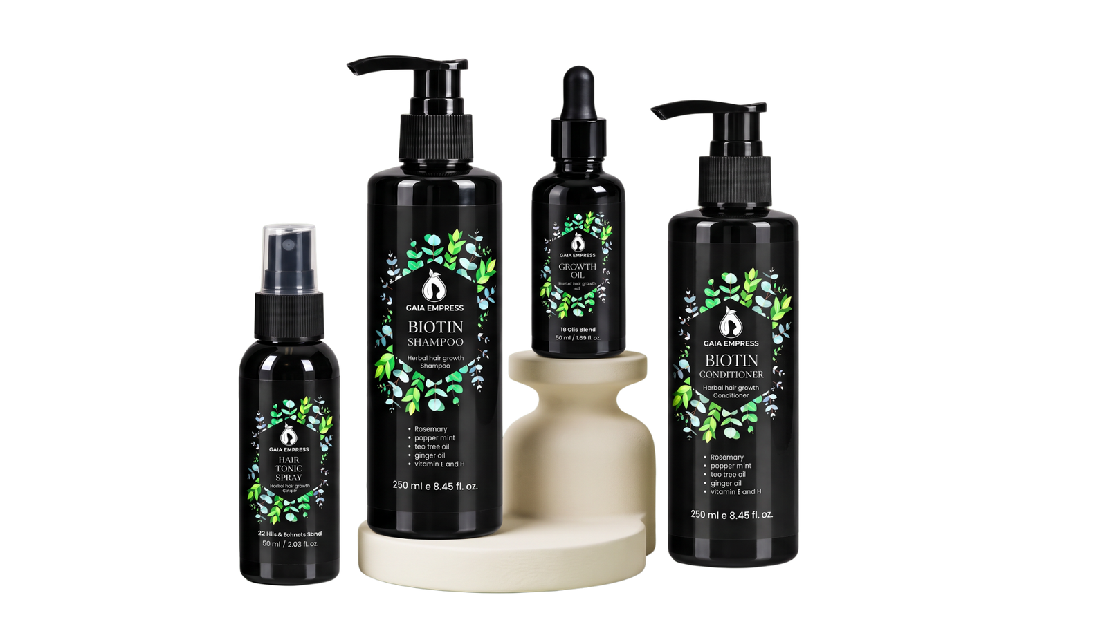 Gaia Empress scalp-to-strand hair care collection with Biotin Shampoo, Biotin Conditioner, Hair Tonic Spray and Hair Growth Oil